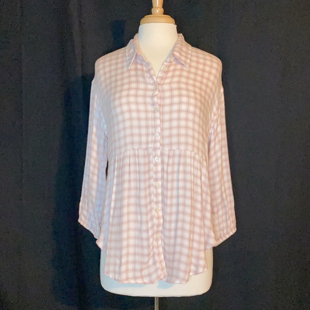 AEO Pink Plaid Peplum Button Down Shirt